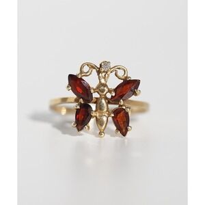 Vintage 10k Solid Yellow Gold Natural Diamond & Garnet Butterly Ring - Size 5.75